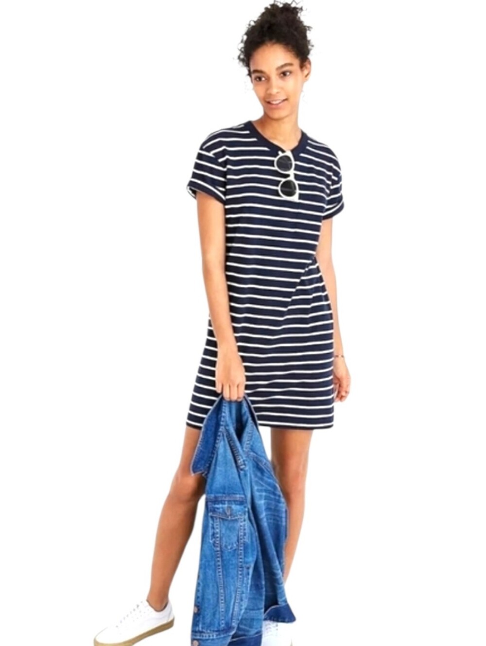 Madewell Tina Navy/White Striped Pocket Tee Dress Crewneck Short Slvs Relaxed SM